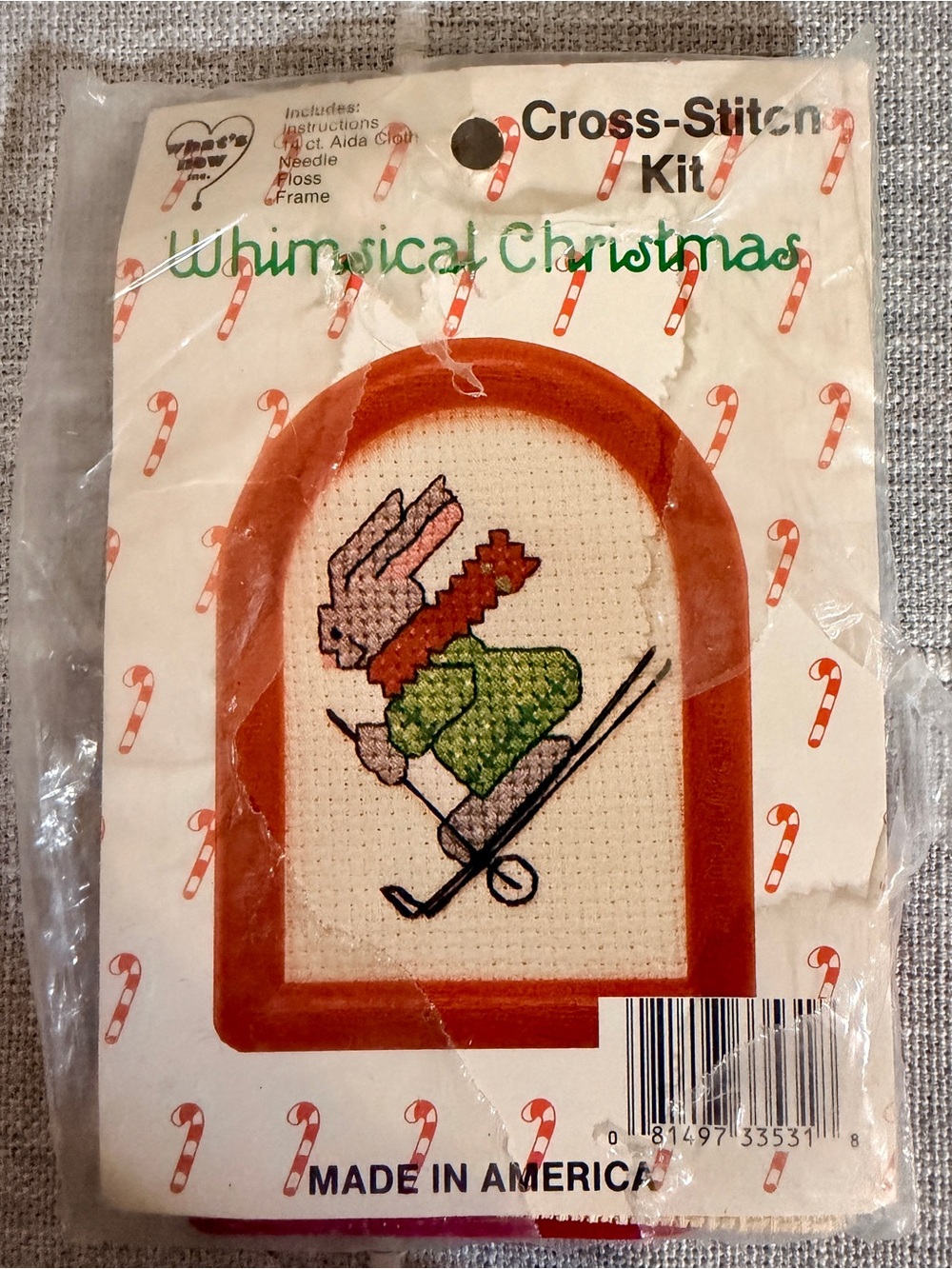 Whimsical Christmas Bunny on Skis Cross-Stitch Needlepoint Kit
